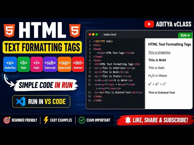 Text formatting tags | Simple Code in VS Code #AdityavClass #htmlcoding #simplecoding 