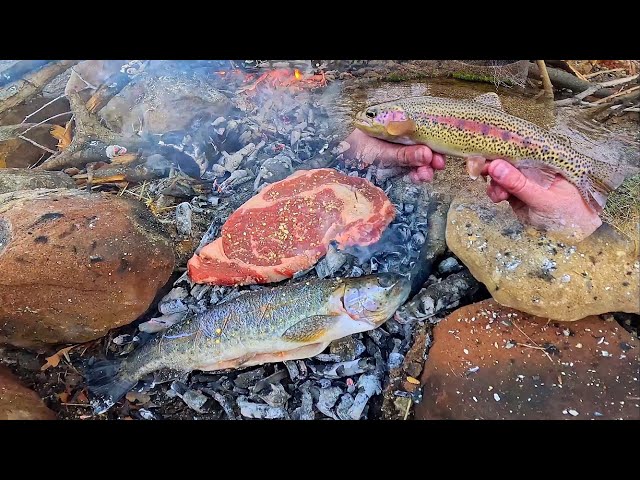 COOKING TROUT & STEAK on HOT COALS!! (Like The Outdoor Boys)