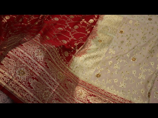 ARNG-4838 Pure Ivory & Crimson Red Banarasi Silk Saree withl|Royal Bridal Collection