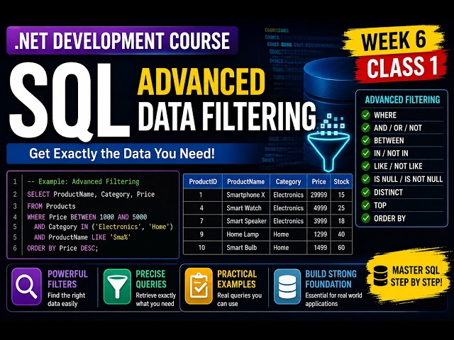 Advanced SQL Data Filtering | WHERE, LIKE, IN, BETWEEN & More | .NET Course – Week 6 Class 1