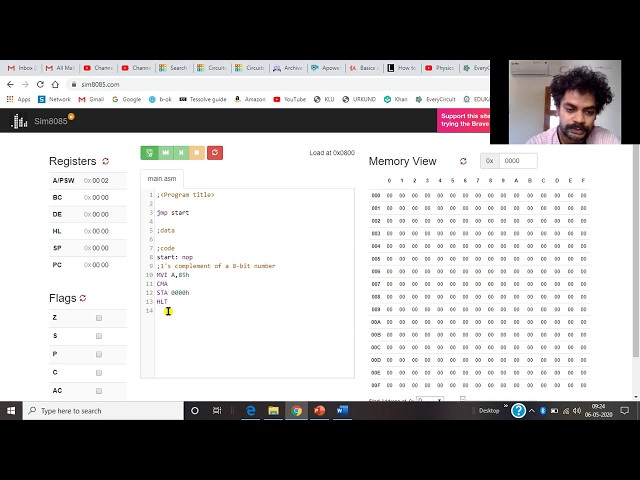 7. 1's complement using www.sim8085.com
