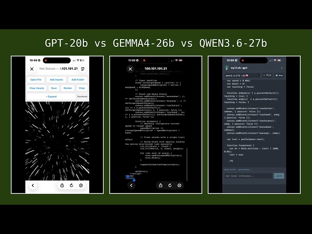 Starfield HTML comparison GPT-OSS 20b vs Gemma 4 26b vs Qwen 3.6 27b