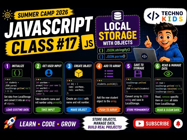 JavaScript Class 17 | Store Objects in LocalStorage using JSON.stringify & parse | Summer Camp 2026