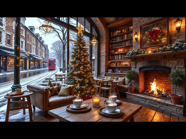 Winter Coffee Shop Ambience with Smooth Jazz Music ❄️Christmas Jazz & Crackling Fireplace for Relax