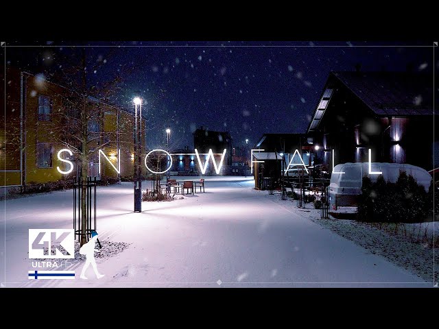 First Snowfall Night Walk in the Suburbs of Finland - Slow TV 4K