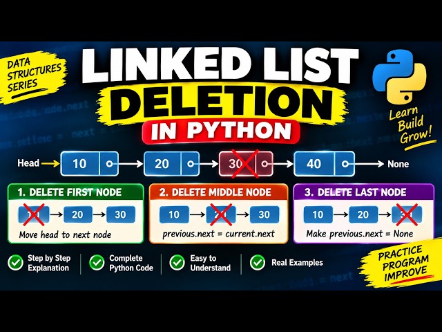 Eliminación de listas enlazadas en Python | Eliminar nodo inicial, intermedio y final | Estructur...