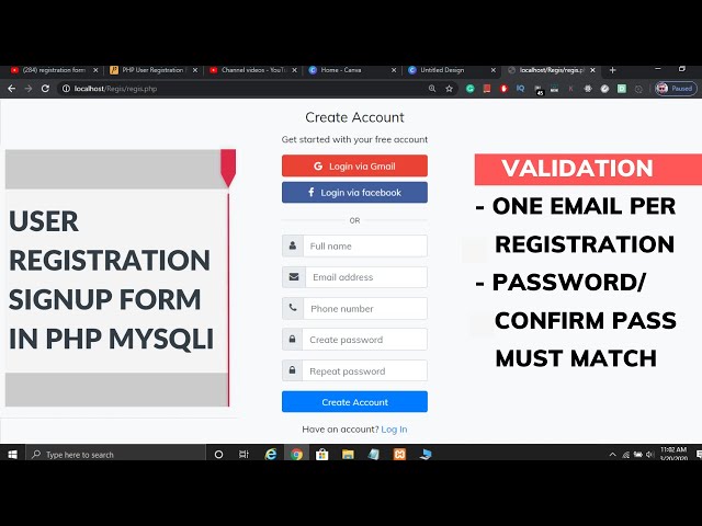 User Registration Form (Sign up) with Validation using PHP with MySQL Database in Hindi in 2020