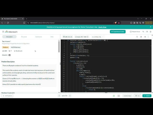 Two Teams? | InterviewBit Graph Problem | Bipartite Graph Using BFS | C++ Solution