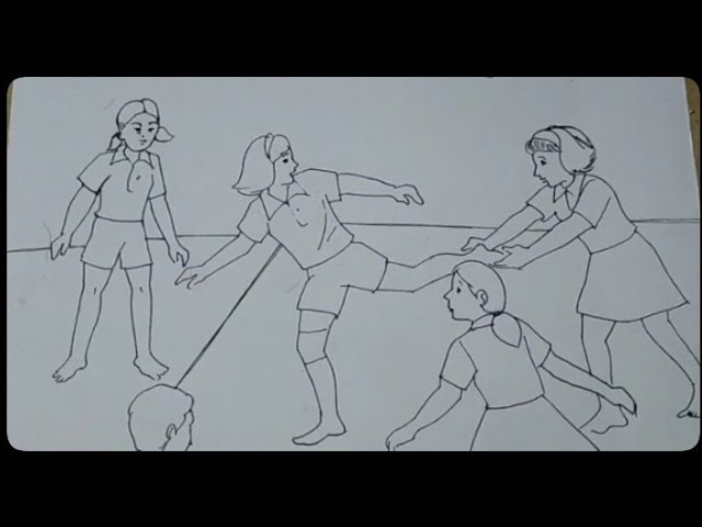 Elementary drawing of girls playing Kabaddi in Ground