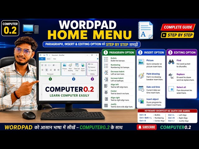 Wordpad Home memu ke paragraph insert option ko step by step me samjhe. Editing option ko samjhe.🤔