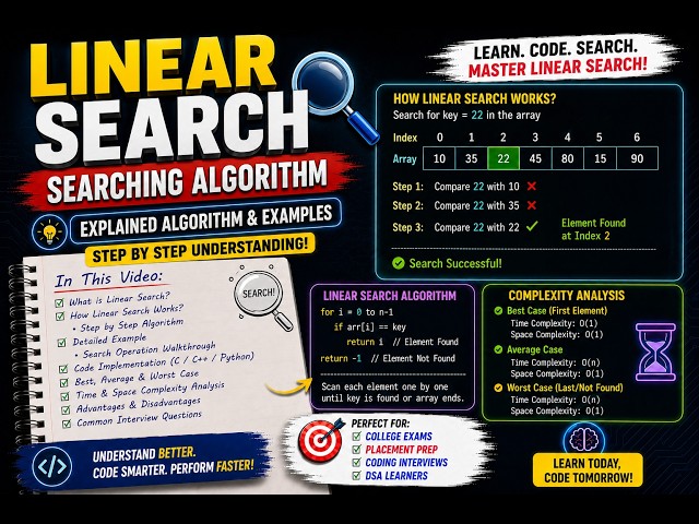 Lecture 11 Linear Search | Arrays | With Explained Algorithm & Examples | Complexity Analysis | DSA