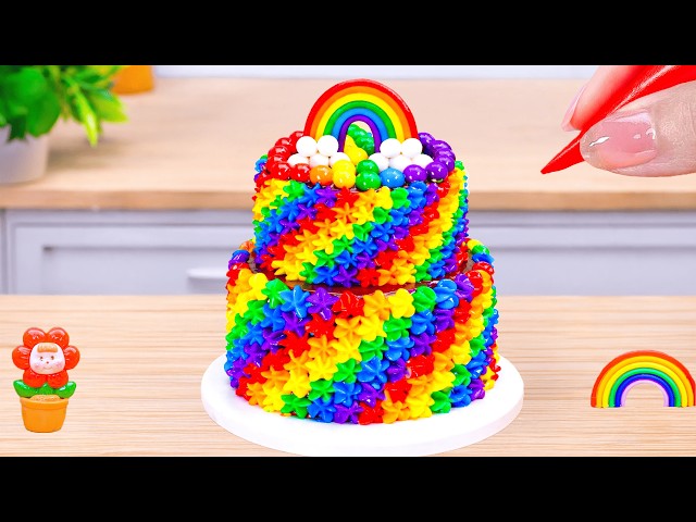 Mini Rainbow Cake With Chocolate🌈Super Glossy Buttercream & Cute Rainbow Toppers❤️HT Mini Cakes