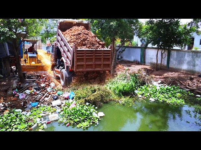 First Start Amazing PROJECT!! LANDFILL Delete Deep Fish Pond Use Strong D21A Bulldozer & 5Ton Truck.
