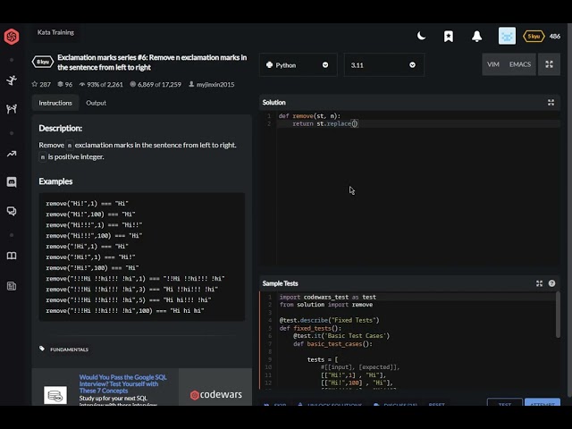 codewars python Exclamation marks series #6 Remove n exclamation marks in the sentence from left to