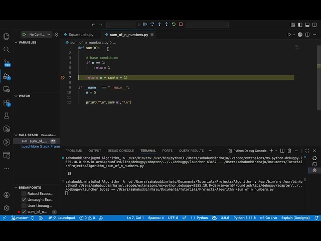 Python Recursion Debugging in VS Code | Sum of Numbers Step by Step
