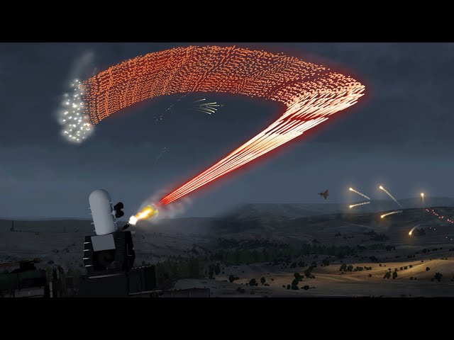 MASSIVE EXPLOSION after J-10 Jet Hits Ammunition Depot - Phalanx CIWS - Military Simulation - ArmA 3