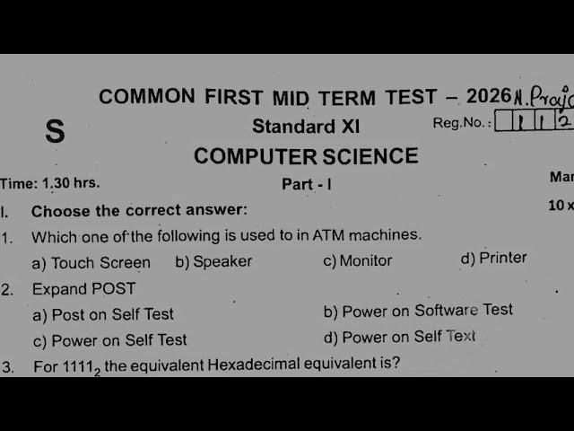 11th std Computer science first midterm exam original question paper 2026