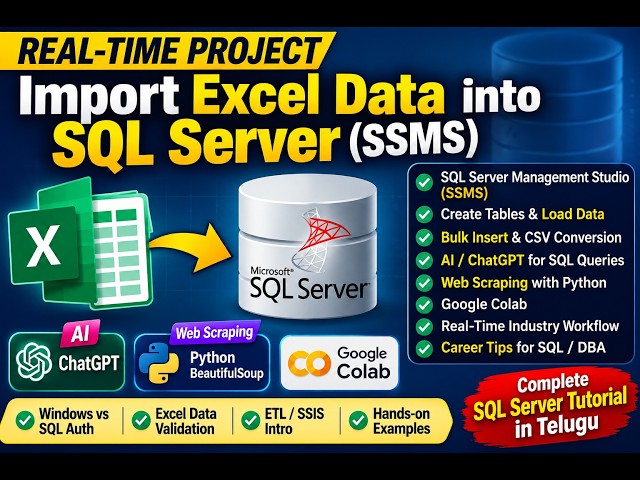 Import Excel Data into SQL Server (SSMS) | AI+ChatGPT+Web Scraping+Real-Time SQL Project|Telugu