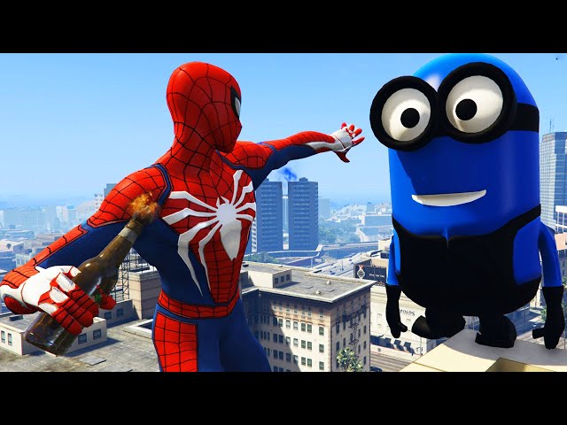 GTA 5 Spiderman & Rainbow Minions Team Jumping Off Highest Buildings (Ragdolls, Funny Moments) #12