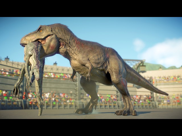 TYRANNOSAURUS REX VS ALL LARGE AND MEDIUM DINOSAURS IN THE PADDOCK - JURASSIC WORLD EVOLUTION 2