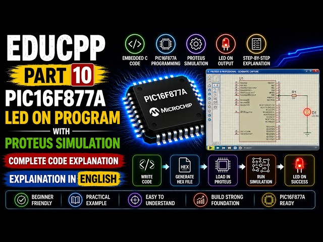 EDUCPP Part 10 PIC16F877A LED ON Program with Proteus Simulation Complete Code Explanation in Eng...