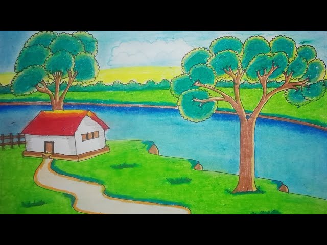 Village House Landscape Scenary Drawing ll How To Make Village Landscape Scenary Drawing ll