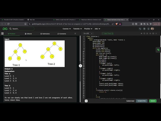 Check if All Levels of Two Trees are Anagrams or Not | GFG Solution in C++ | Level Order Traversal