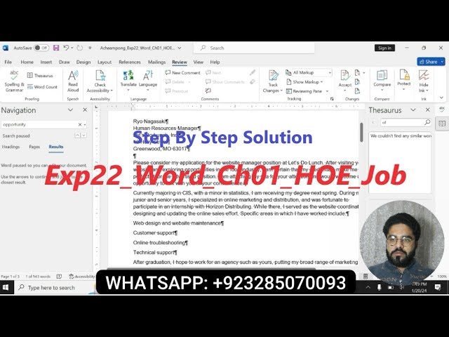 Exp22 Word Ch01 HOE Job |  Chapter 1 Hands on Exercise Cover Letter & Resume Step by Step Solution