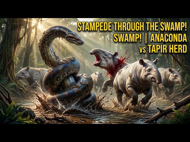 Giant Anaconda vs Giant Tapir Herd — Stampede Through the Swamp