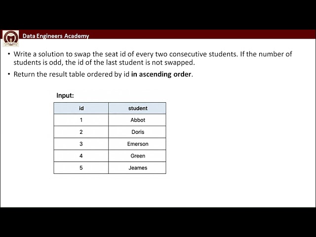 Swap Consecutive Student Seats SQL Interview Question | SELECT CASE MOD SUBQUERY ORDER BY
