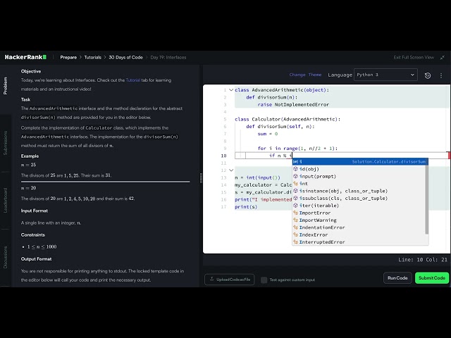 HackerRank Python 30 Days of Code - Day 19: Interfaces
