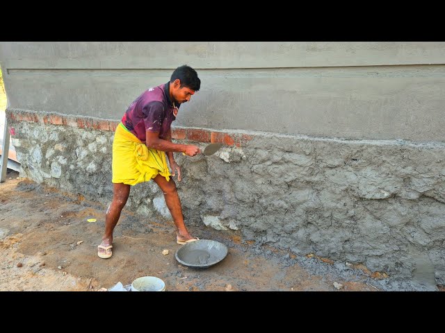 Plastering Stone Masonry Wall |Techniques of Foubdation Wall Plaster with Cement Mixer