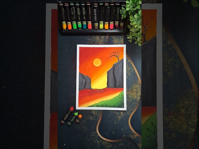 How to Draw Sunset Landscape | Red Sky Lake & Cliff Oil Pastel Painting #shorts #oilpastel