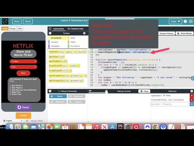 Code org Unit 7 Lesson 3 Bubble 9 Netflix Parameters