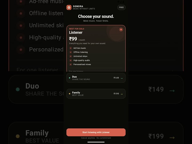 Mobile app subscription page ui design.