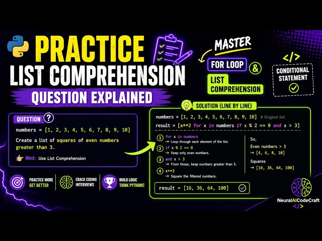 "Python List Comprehension: Practice Questions with Solutions Explained | Master For Loop"