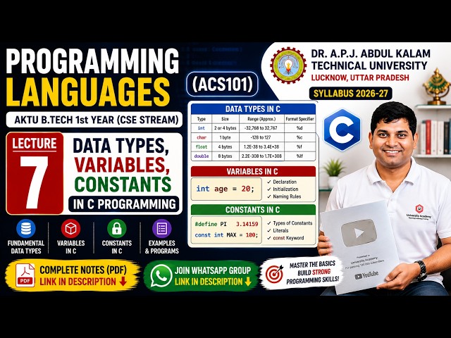 Data Types, Variables & Constants in C Programming | Lecture 7 | AKTU B.Tech
