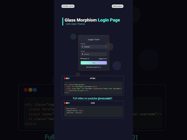 Stunning Glassmorphism Login Form with Dark Theme  HTML & CSS Tutorial 2025 #shorts #html #css
