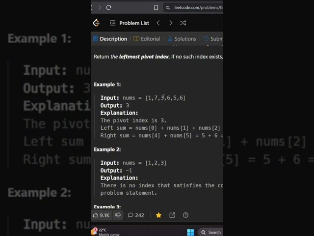 Find the Pivot Index in Array 🚀 | LeetCode Easy #dsa #coding #leetcode #datastructures #codingstyle