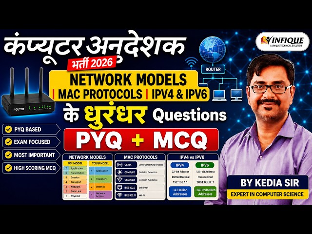 इस वीडियो में हम Network Models, MAC Protocols, IPv4 और IPv6 से संबंधित सबसे महत्वपूर्ण PYQ + MCQ