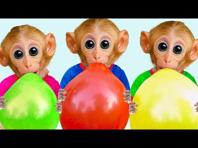 Three Baby Monkeys Blowing Colorful Balloons 🐒🎈 Funny Balloon Challenge with Green Red and Yellow