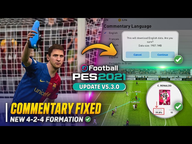 Actualización Offline de PES 2021 Mobile v5.3.0 | Comentarios en Inglés y Familiaridad de Jugador...