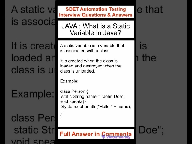 JAVA : What is a static variable in Java? SDET Automation Testing Interview Questions & Answers