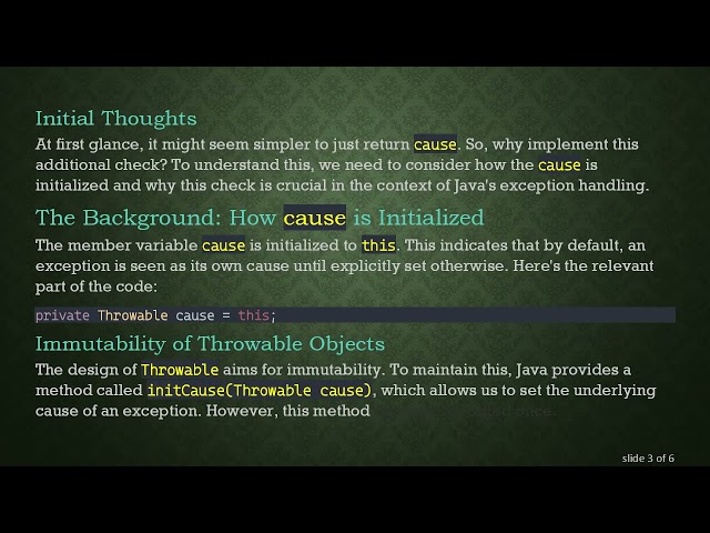 Understanding Throwable.getCause: Why Check for Self-Cause?