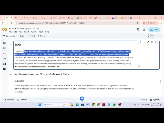 Problem size Vs  Running Time (Insertion Sort)