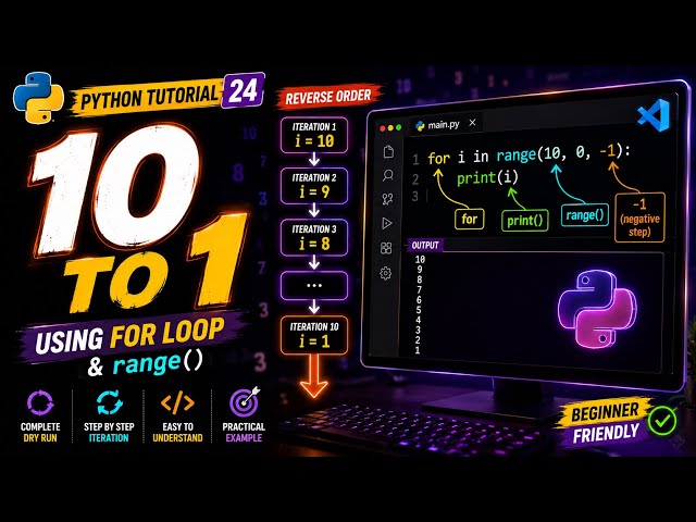 Python Tutorial 24 | Print Numbers from 10 to 1 Using for Loop | Complete Dry Run