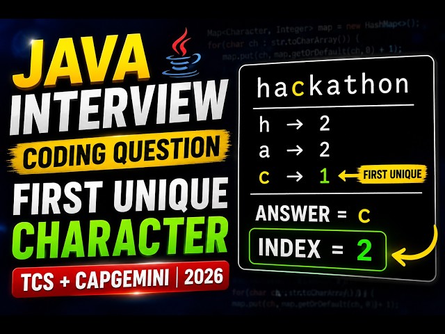 TCS Java Interview Coding Question | Find First Unique Character Using HashMap