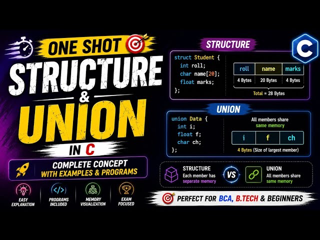 Lec 61 Complete ✅ One Shot Structure and Union in C Programming