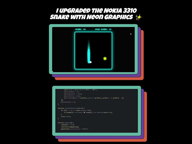 I upgraded the Nokia3310 Snake with NeonGraphics✨#webdevelopment #javascript #colorpalette #coding