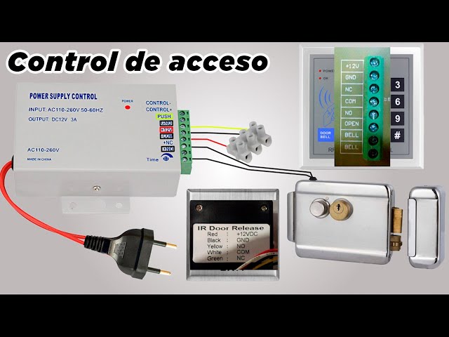 Sistema control de acceso con cerradura en puerta, lector de tarjetas y botón de salida seguridad 🏘️